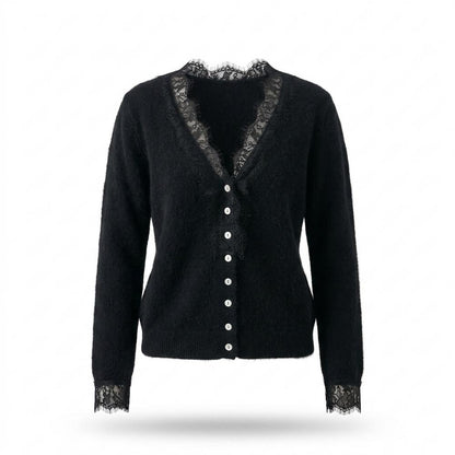 Nobleman Code - Mutud | Langärmlige Spitzenbesetzte Strickjacke Damen