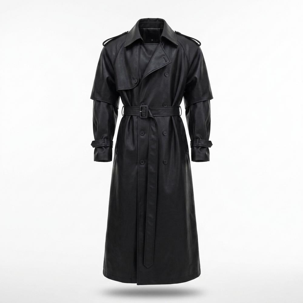 Gentleman Code - Vapak | Doppelreihiger Gegürteter Ledermantel Unisex