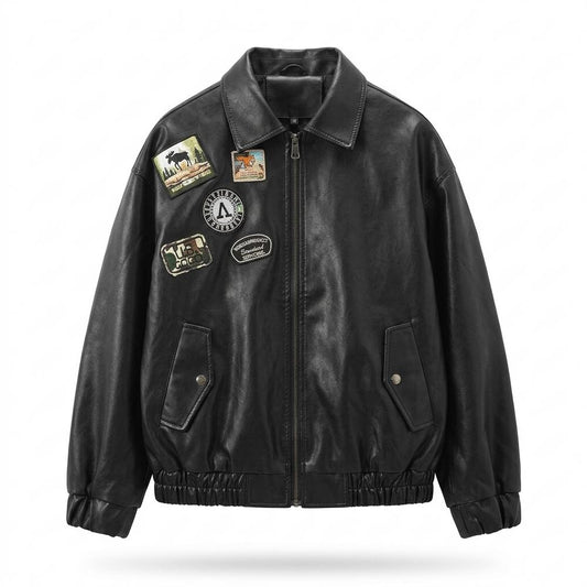 Nobleman Code - Mitin | Bestickt Glatt Lederjacke Herren