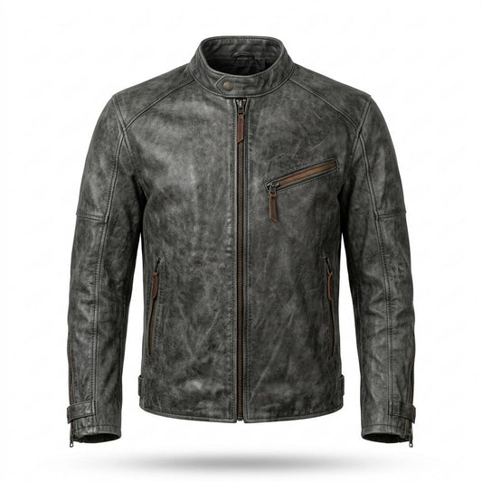 Nobleman Code - Taril | Strukturiert Stehkragen Lederjacke Herren
